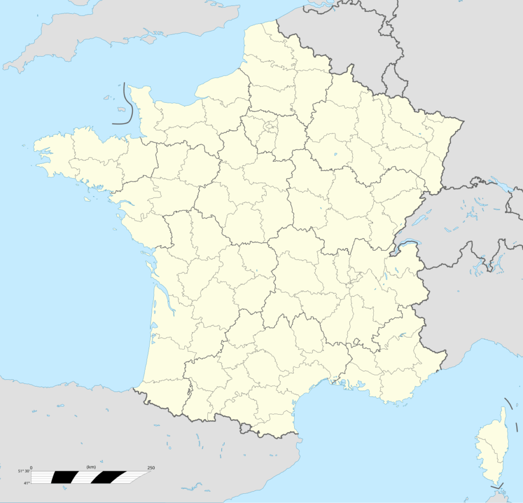 A map of administrative France, outlining regions and departements